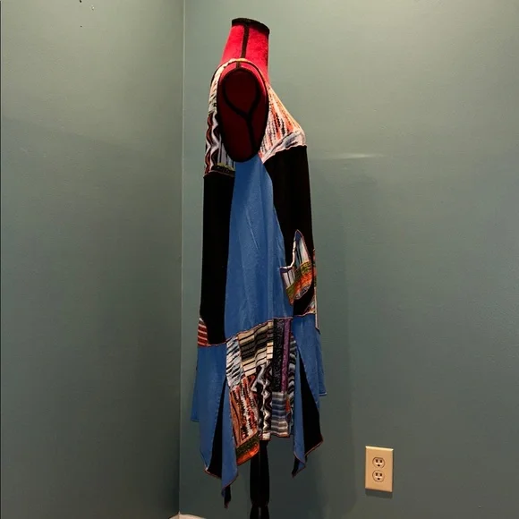 Sleeveless Patchwork Print Handkerchief Hem Dress - Blue & Black Size Large - Picture 5 of 14
